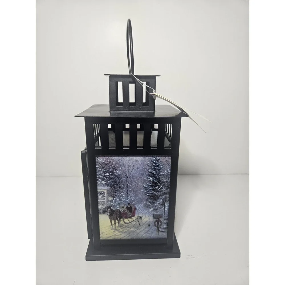 Thomas Kinkade Christmas Lantern Holiday Decor Black Metal Glass NWT 9.5in